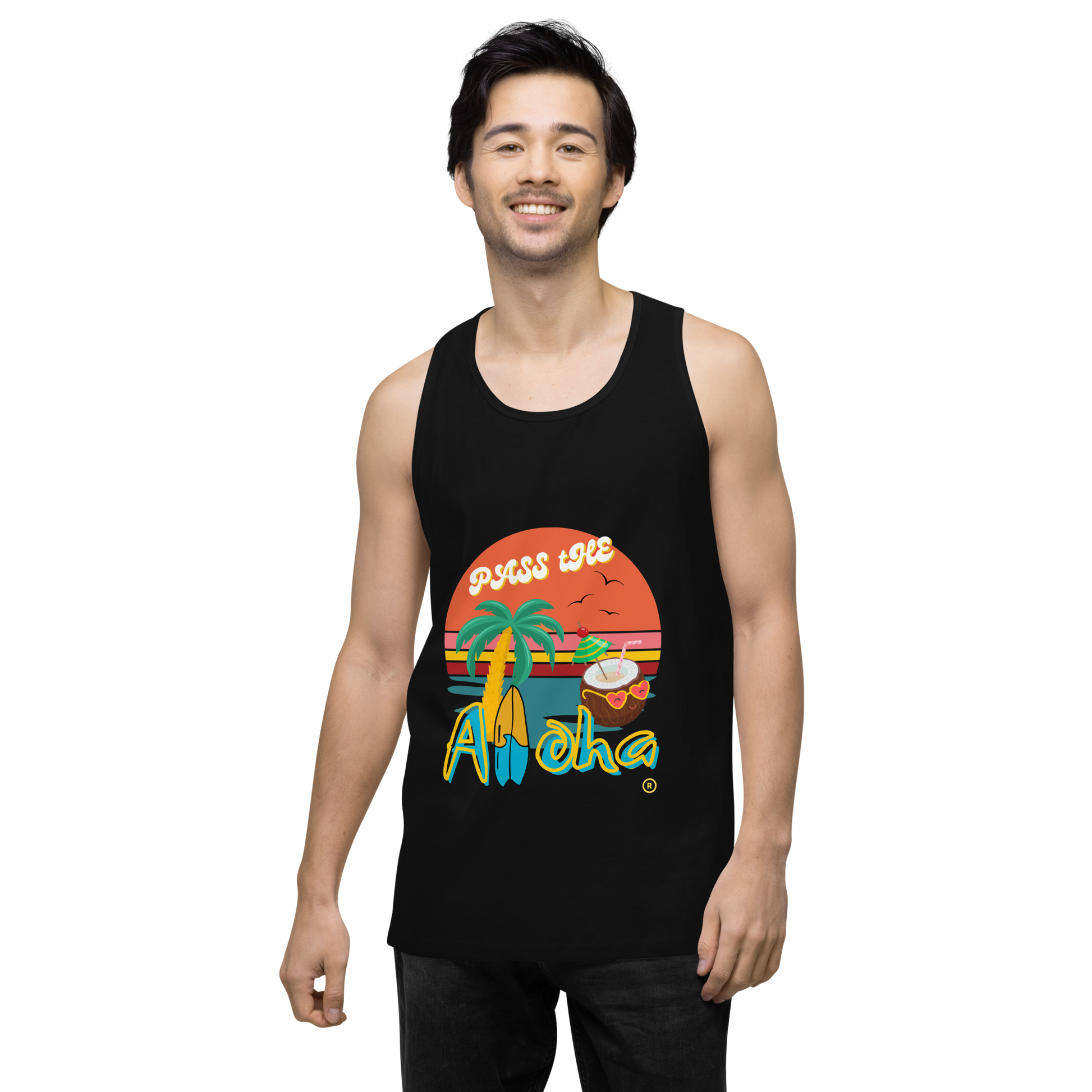 Model wearing black Tropical tank top- Pass the Aloha with vibrant graphic design and beach theme.