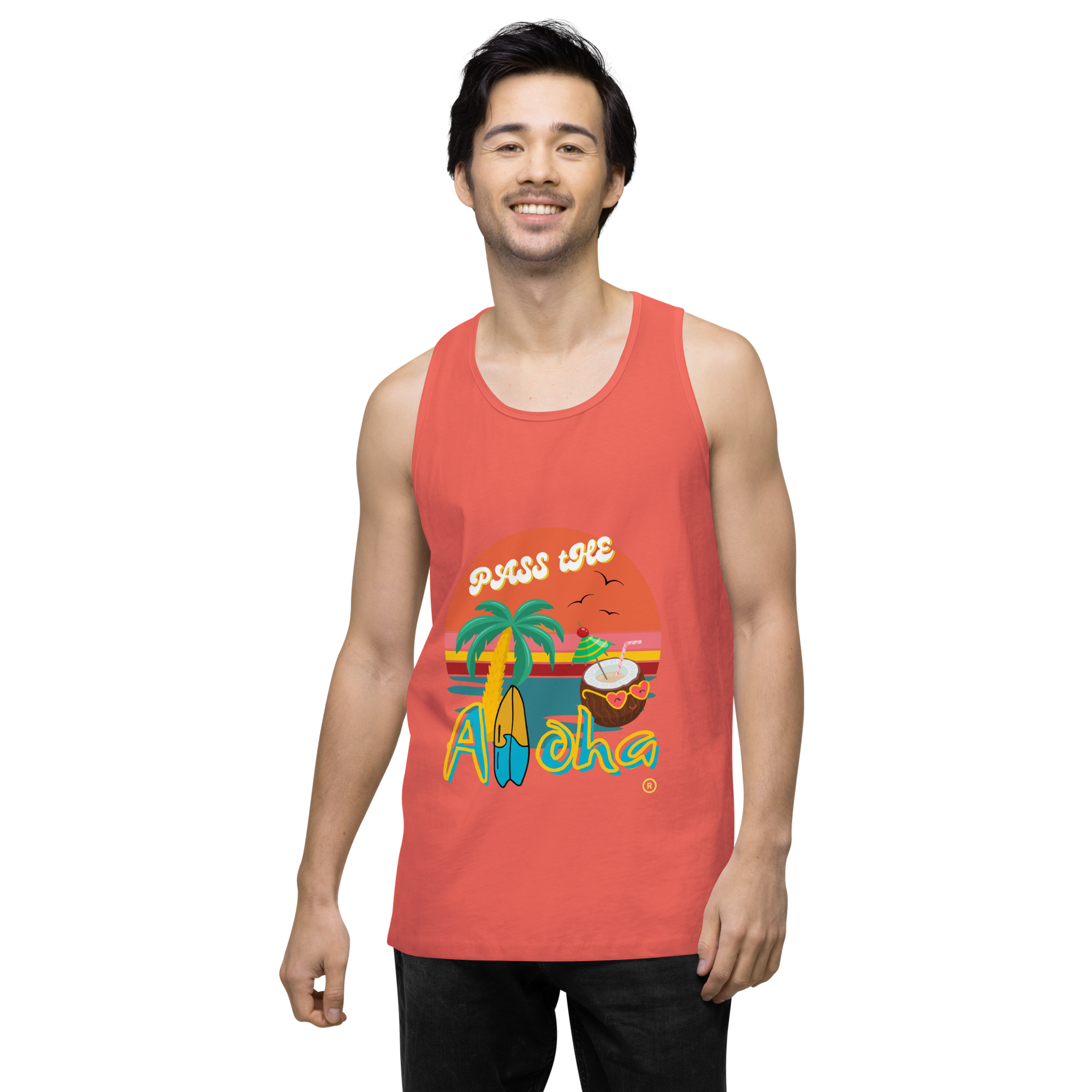 Model wearing coral Tropical tank top- Pass the Aloha with vibrant graphic design and beach theme.
