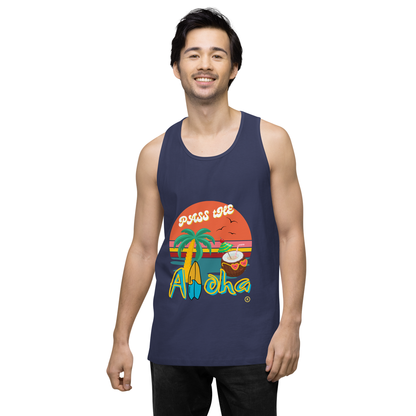 Model wearing harbor Tropical tank top- Pass the Aloha with vibrant graphic design and beach theme.