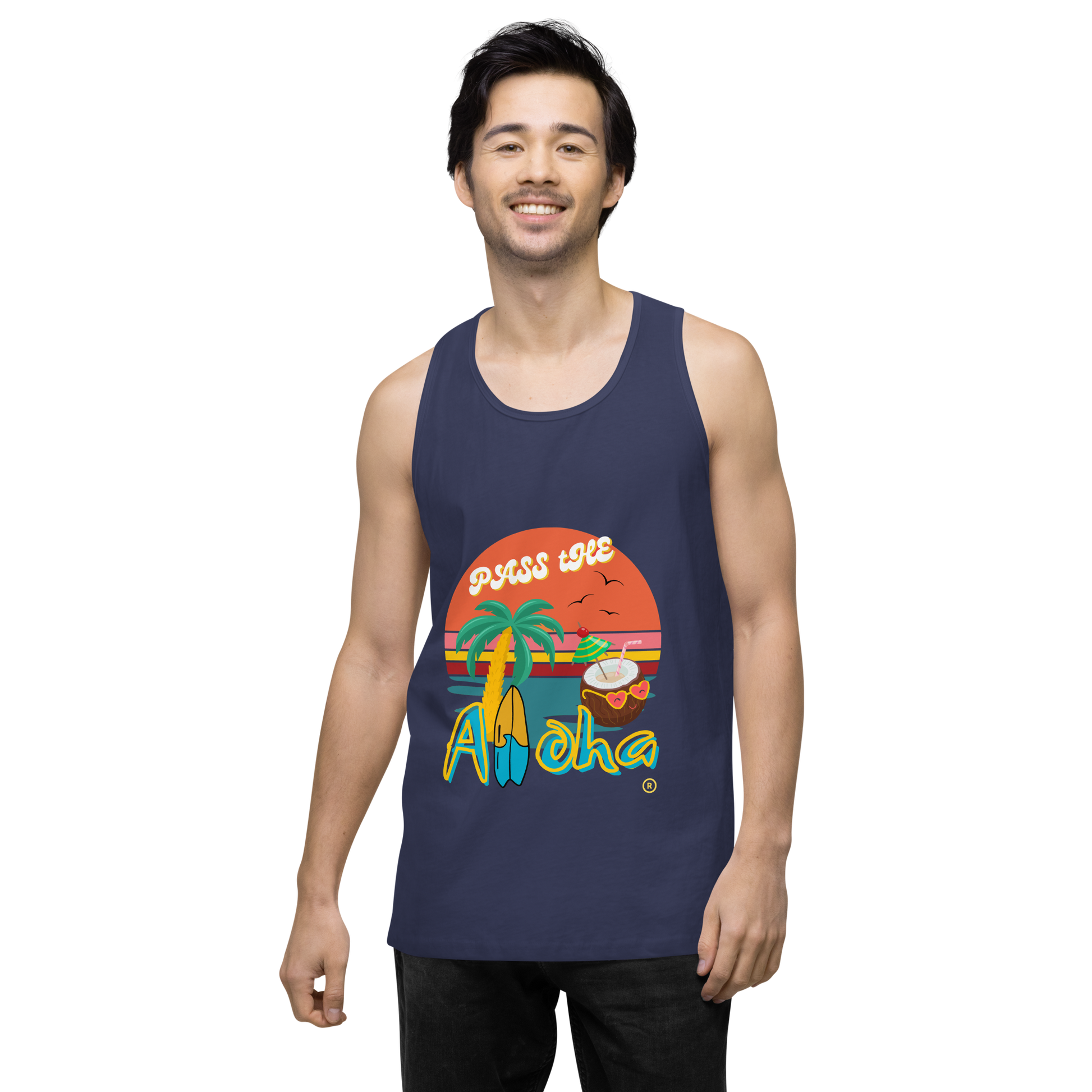 Model wearing harbor Tropical tank top- Pass the Aloha with vibrant graphic design and beach theme.