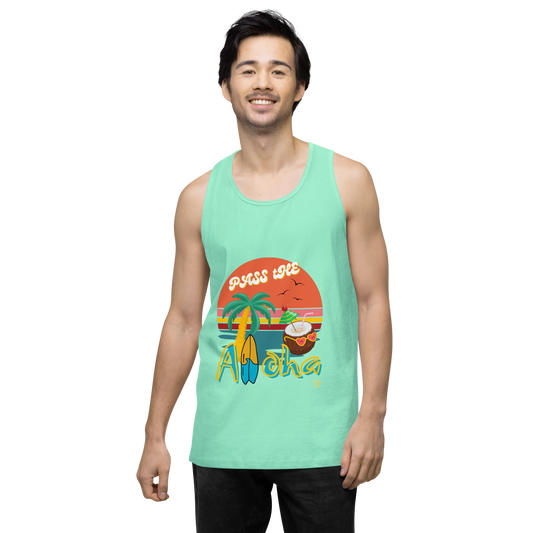 Model wearing Tropical tank top- Pass the Aloha with vibrant graphic design and beach theme.