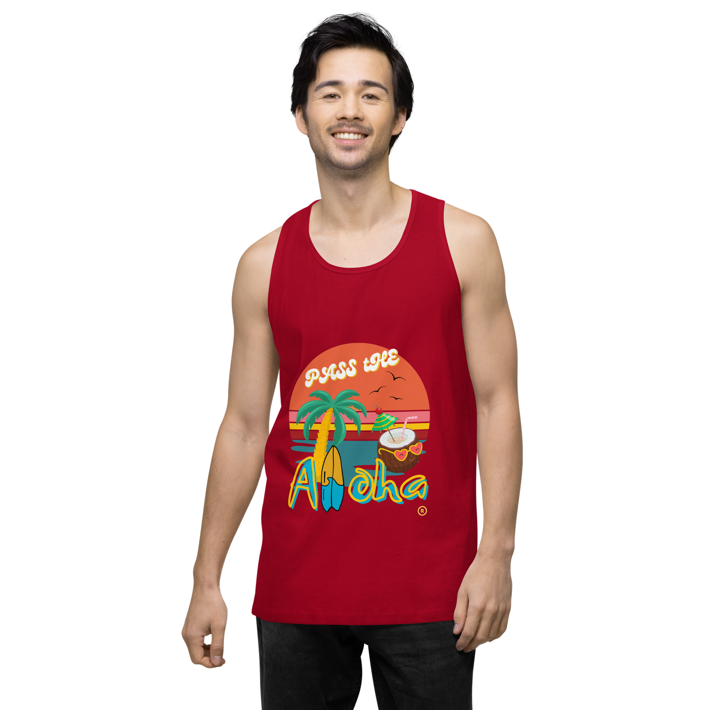 Model wearing Red Tropical tank top- Pass the Aloha with vibrant graphic design and beach theme.