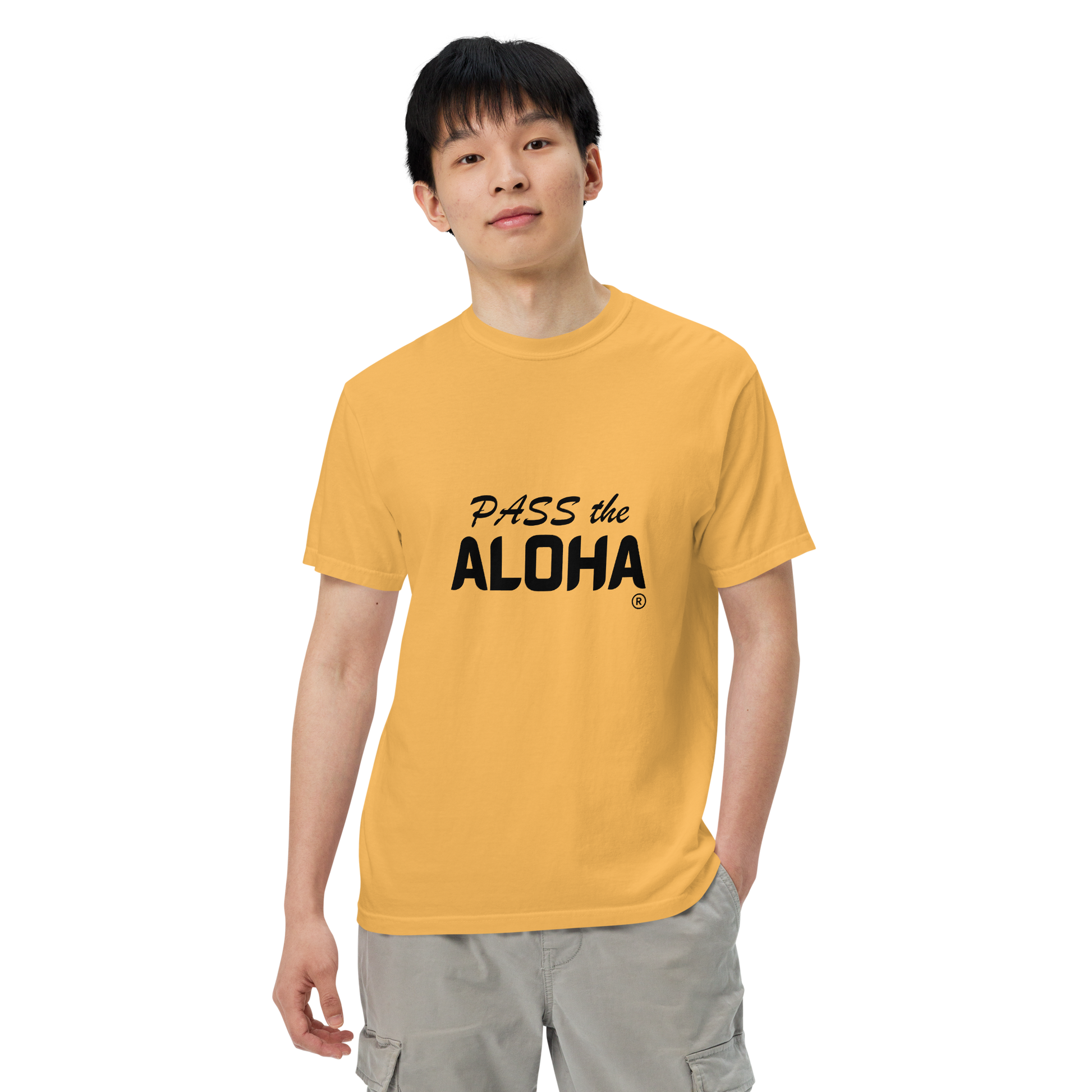plain-unisex-garment-dyed-heavyweight-t-shirt-mustard-front-pass-the-aloha